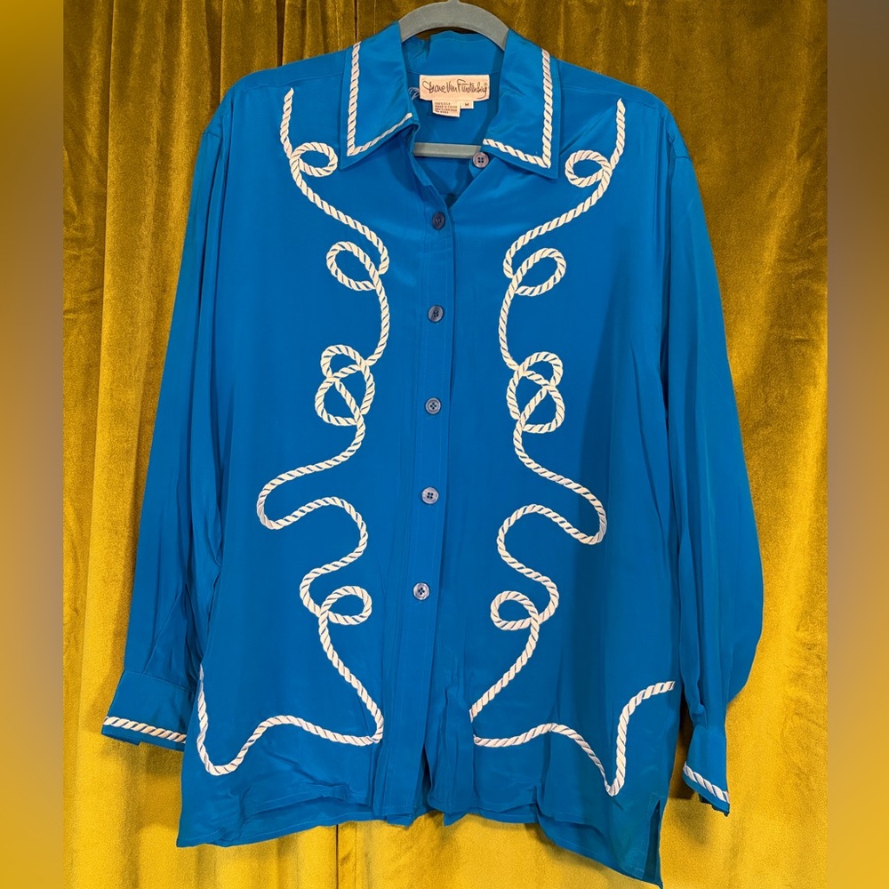 Vintage 80s Diane Von Furstenberg Blue Silk Button  Down with rope detail Medium